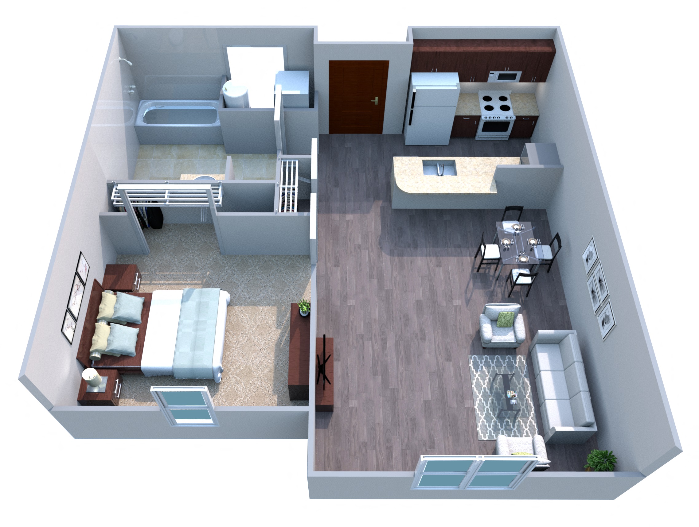 Floor plan for 1 bed, 1 bath, 657 sqft